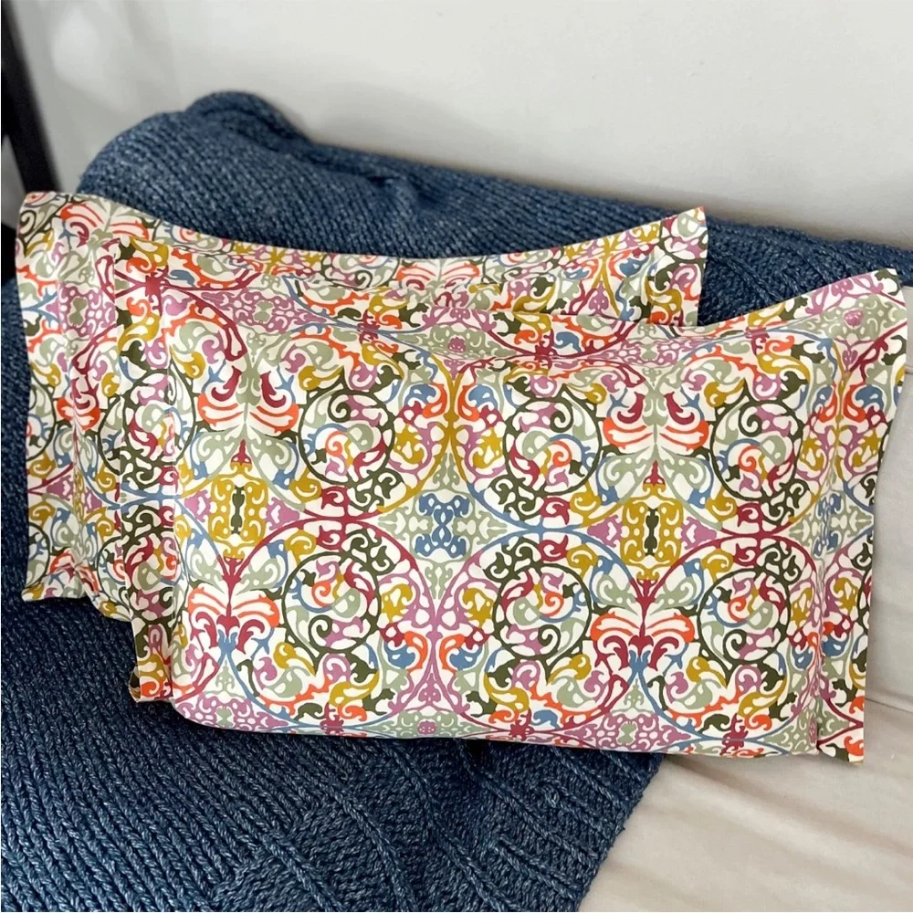 2 Crate & Barrel Lucia STANDARD Pillow Shams Multicolor Scroll Medallion Italy